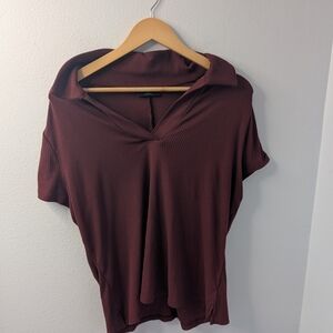Lane‎ Bryant Ribbed Collared Drop Shoulder Top 14/16 Burgundy Wine Short Sleeve